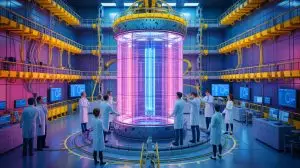 Illustration von einem internationalen Team, das an der Entwicklung des ITER-Fusionsreaktors arbeitet. Bild durch KI generiert.