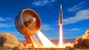 Illustration von einem gigantischen zentrifugalen Geschützsystem zur Satellitenbeförderung. Bild durch KI generiert.