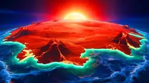 Illustration von der hypothetischen Bildung des Superkontinents Pangäa Ultima in 250 Millionen Jahren. Bild durch KI generiert.