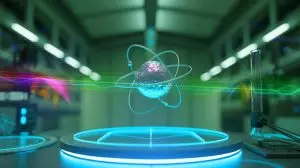 Illustration von einem einzelnen Strontium-Atom, das durch Kühlung und spezielle Kameratechniken sichtbar gemacht wurde. Bild durch KI generiert.