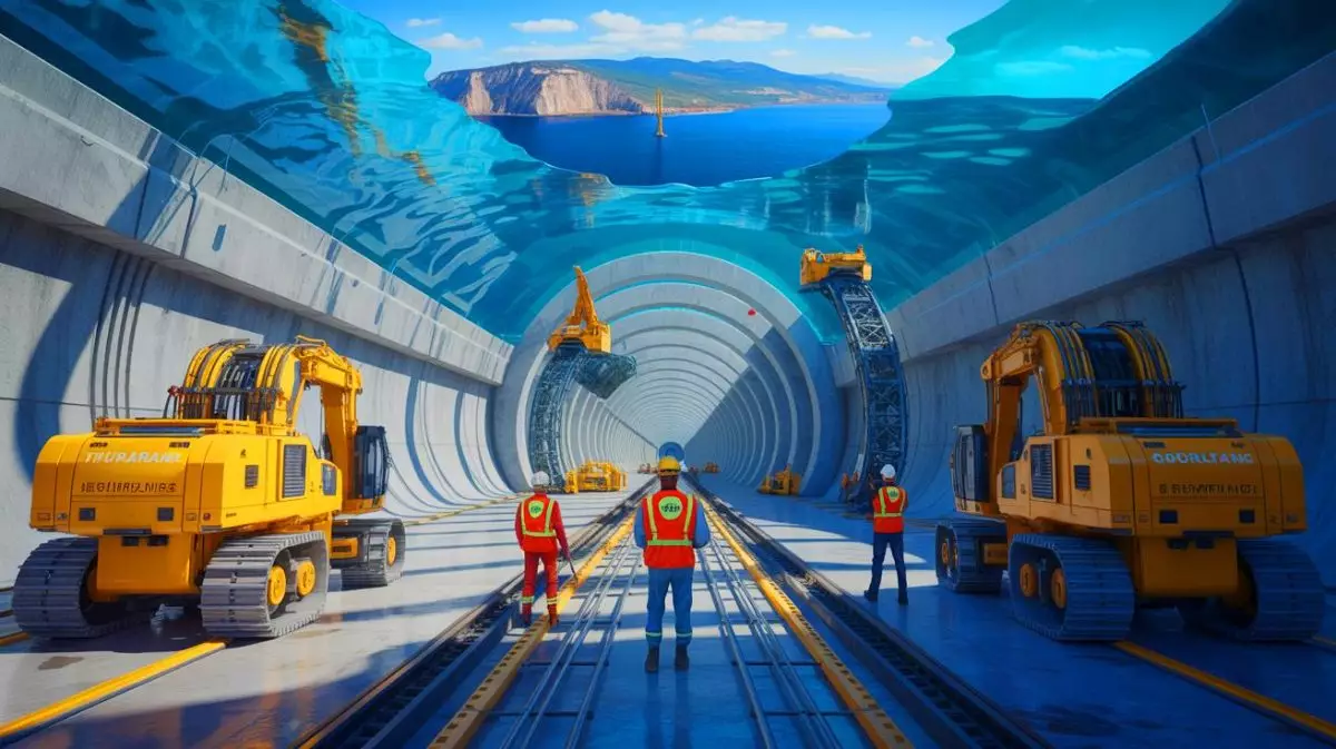 Illustration von einem geplanten Tunnel unter der Meerenge von Gibraltar zur Verbindung von Europa und Afrika. Bild durch KI generiert.