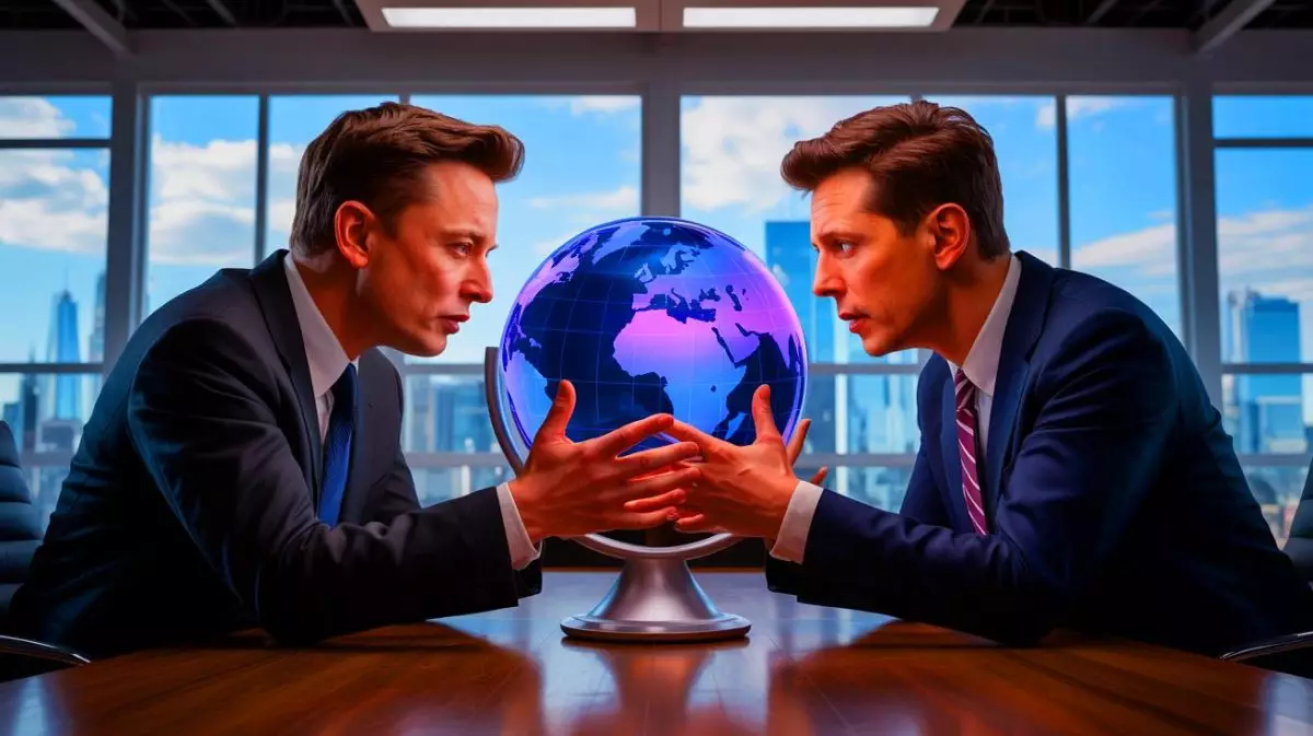 Illustration von Elon Musk und Sam Altman in einer symbolischen Auseinandersetzung um die Zukunft der künstlichen Intelligenz. Bild durch KI generiert.