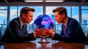 Illustration von Elon Musk und Sam Altman in einer symbolischen Auseinandersetzung um die Zukunft der künstlichen Intelligenz. Bild durch KI generiert.