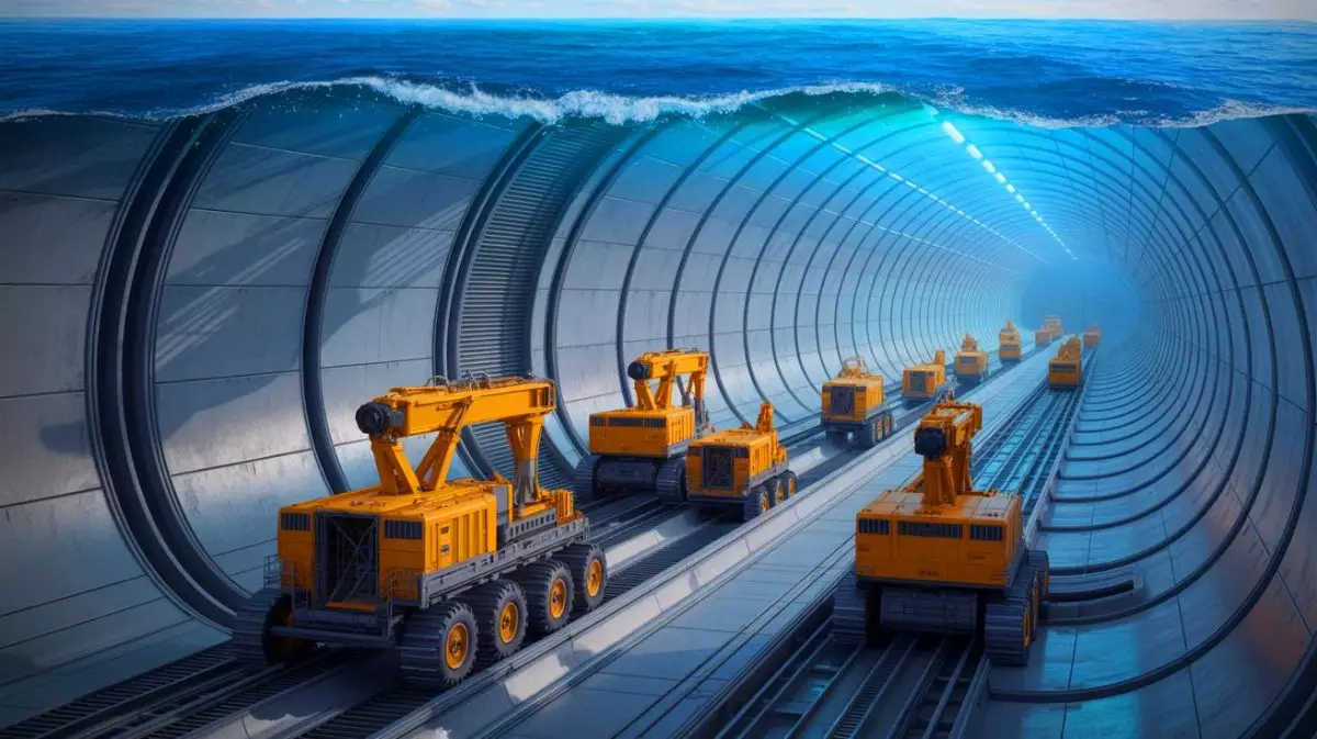 Illustration von einem visionären transatlantischen Tunnelprojekt, das Amerika und Europa verbindet. Bild durch KI generiert.