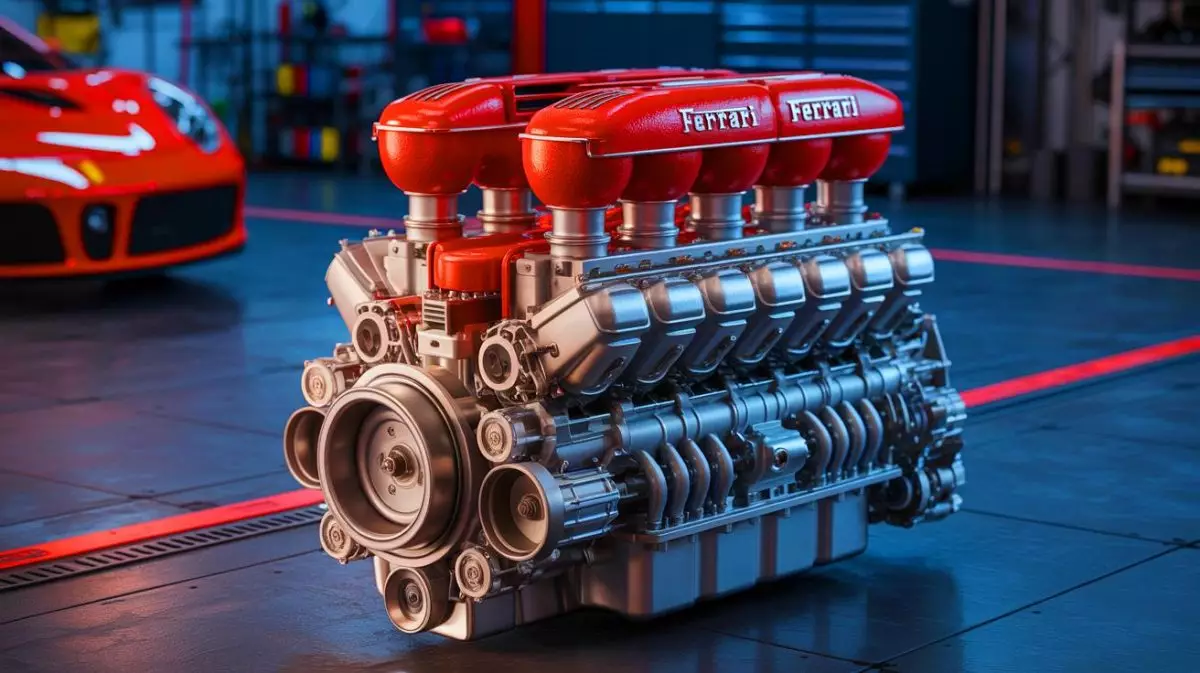 Illustration von Ferraris innovativem Motor mit pillenförmigen Kolben. Bild durch KI generiert.