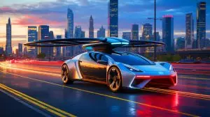 Illustration von einem modularen Fahrzeug, das sowohl fahren als auch fliegen kann. Bild durch KI generiert.