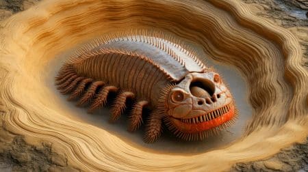 Illustration von einem 165 Millionen Jahre alten Parasiten der Jurazeit, Juracanthocephalus daohugouensis, im alten Vulkansee. Bild durch KI generiert.