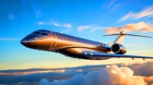 Illustration von einem luxuriösen Global 8000 Jet in der Luft. Bild durch KI generiert.