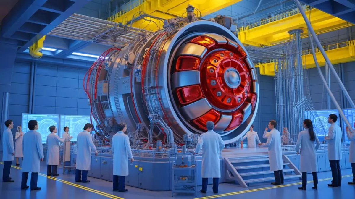 Illustration von einem internationalen Fusionsprojekt mit Schwerpunkt auf Chinas Beitrag zur ITER-Technik. Bild durch KI generiert.