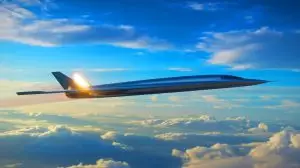 Illustration von einem hypothetischen SR-72-Flugzeug, das mit Mach 6 durch den Himmel fliegt. Bild durch KI generiert.