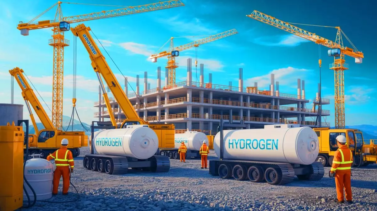 Illustration von einer Baustelle mit Wasserstoff-Brennstoffzellen als Energiequelle. Bild durch KI generiert.