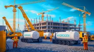 Illustration von einer Baustelle mit Wasserstoff-Brennstoffzellen als Energiequelle. Bild durch KI generiert.