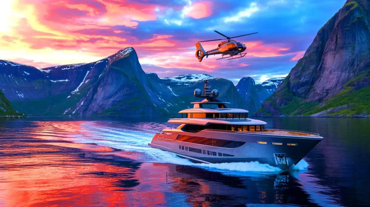 Illustration von Mark Zuckerbergs luxuriöser Reise mit Superjachten zu den norwegischen Fjorden. Bild durch KI generiert.