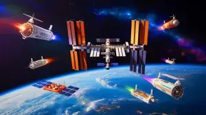 Illustration von der Raumstation ISS in der Erdumlaufbahn mit internationalen Versorgungsschiffen. Bild durch KI generiert.