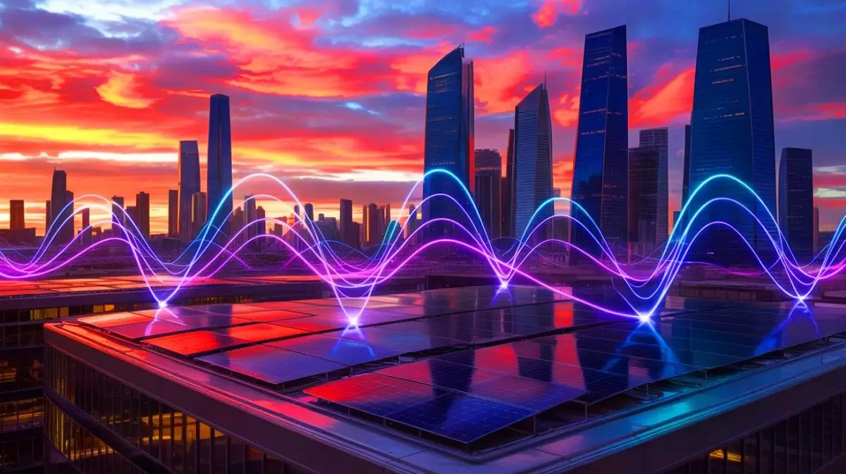 Illustration von drahtloser Energieübertragung durch elektromagnetische Wellen. Bild durch KI generiert.