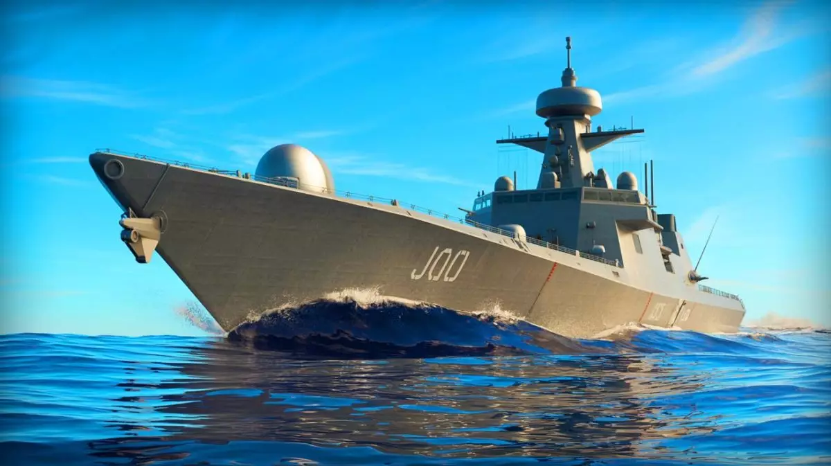 Illustration von einem fortschrittlichen Raketensystem auf einem Marineschiff. Bild durch KI generiert.