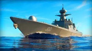 Illustration von einem fortschrittlichen Raketensystem auf einem Marineschiff. Bild durch KI generiert.