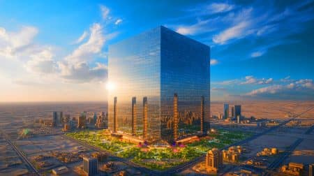 Illustration von einem futuristischen Wolkenkratzerprojekt in Riad, Saudi-Arabien, das die Form eines gigantischen Würfels hat. Bild durch KI generiert.