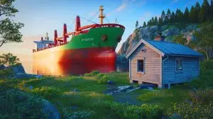 Illustration von einem riesigen Frachtschiff, das im Vorgarten eines Hauses in Norwegen gestrandet ist. Bild durch KI generiert.