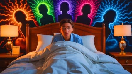 Illustration von der Verbindung zwischen schlechtem Schlaf und Anfälligkeit für Verschwörungstheorien. Bild durch KI generiert.