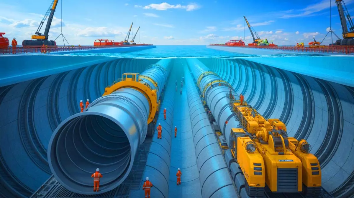 Illustration von einem visionären Tunnelprojekt, das Dänemark und Deutschland verbindet. Bild durch KI generiert.
