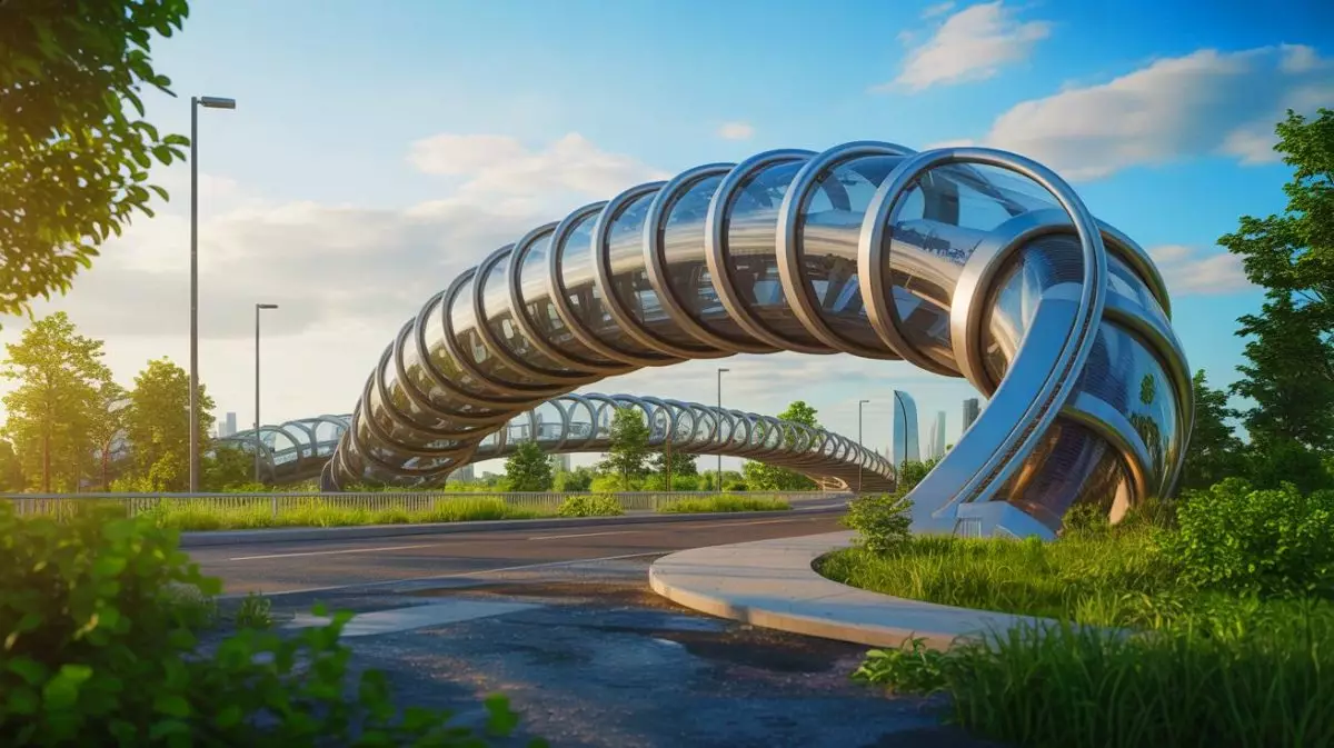 Illustration von einer modularen 3D-gedruckten Brücke aus recycelten Windturbinenblättern. Bild durch KI generiert.