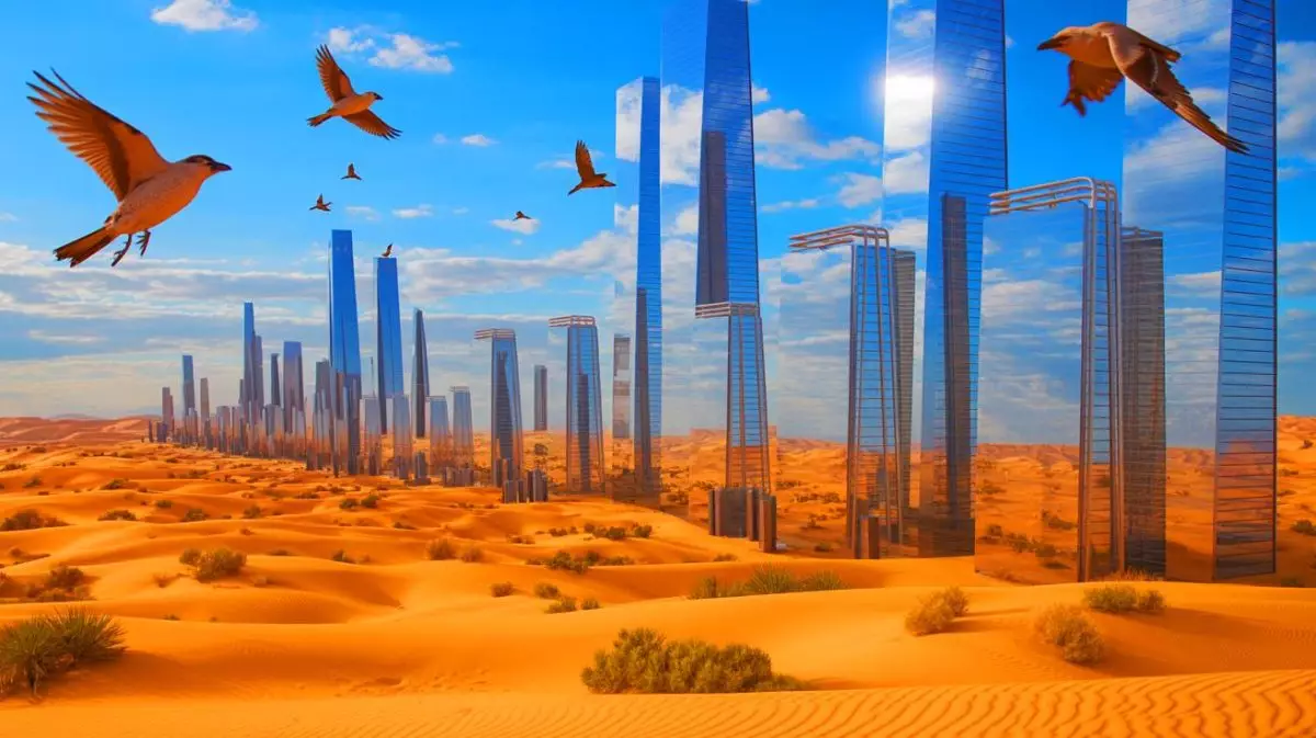 Illustration von einer futuristischen Stadtlandschaft in der saudi-arabischen Wüste, die ökologische Herausforderungen widerspiegelt. Bild durch KI generiert.