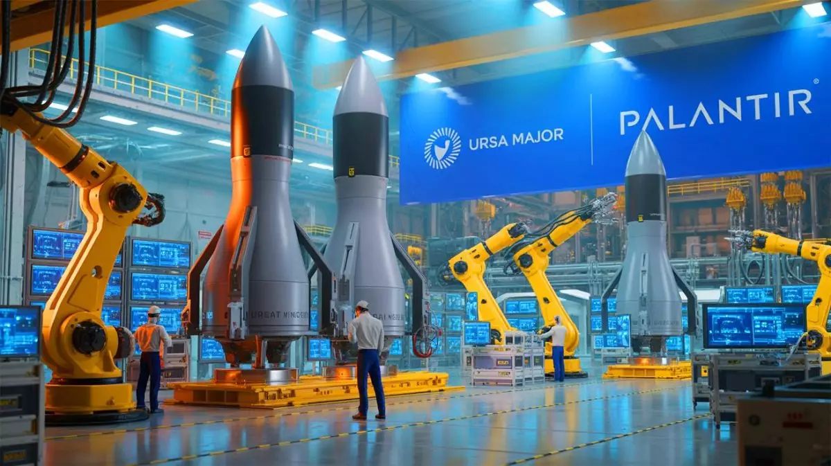 Illustration von der beschleunigten Produktion von Feststoffraketenmotoren durch die Partnerschaft zwischen Ursa Major und Palantir. Bild durch KI generiert.