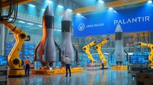 Illustration von der beschleunigten Produktion von Feststoffraketenmotoren durch die Partnerschaft zwischen Ursa Major und Palantir. Bild durch KI generiert.