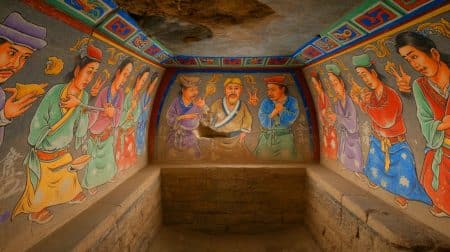 Illustration von einem Grab aus der Tang-Dynastie mit westlicher Figur. Bild durch KI generiert.