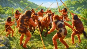 Illustration von Neandertalern bei der koordinierten Gruppenjagd. Bild durch KI generiert.