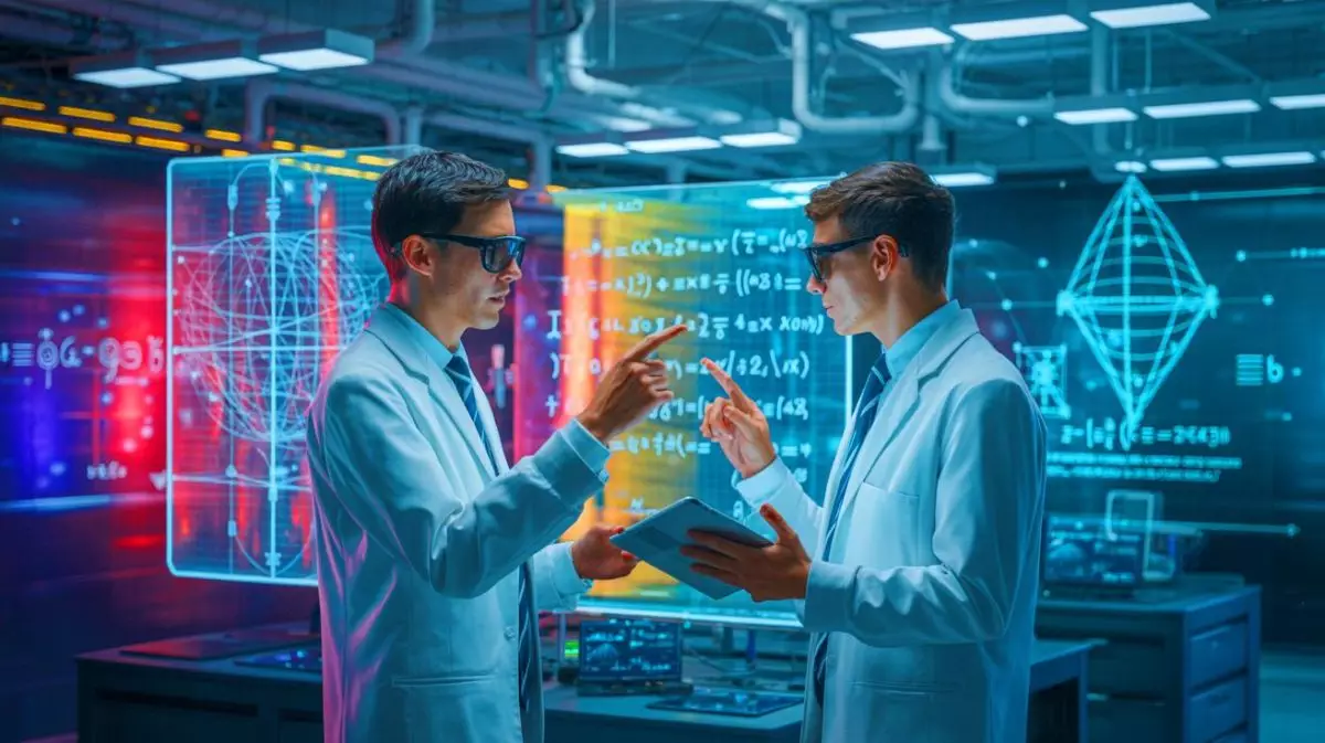 Illustration von zwei Mathematikern, die eine neue Methode zur Lösung von polynomiellen Gleichungen entwickeln. Bild durch KI generiert.
