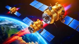 Illustration von Satellitenmanövern im Weltraum, die geopolitische Spannungen verdeutlichen. Bild durch KI generiert.