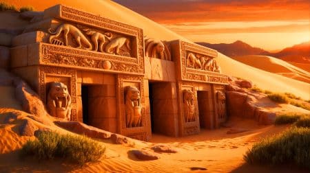 Illustration von einem antiken Zeremonialtempel und seinen mythologischen Friesen in den Dünen von Nordwest-Peru. Bild durch KI generiert.