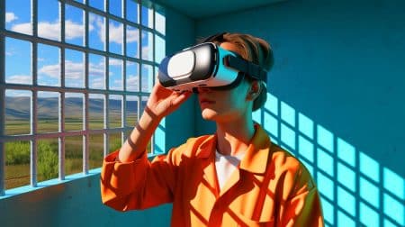Illustration von Häftlingen, die virtuelle Realität zur Bewältigung von Isolation nutzen. Bild durch KI generiert.