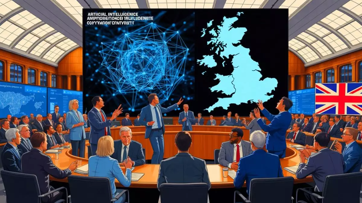Illustration von der Debatte um die Regulierung von Künstlicher Intelligenz im Vereinigten Königreich. Bild durch KI generiert.