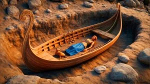 Illustration of a Viking woman and her loyal dog in a 1,100-year-old boat grave. Image generated by AI.