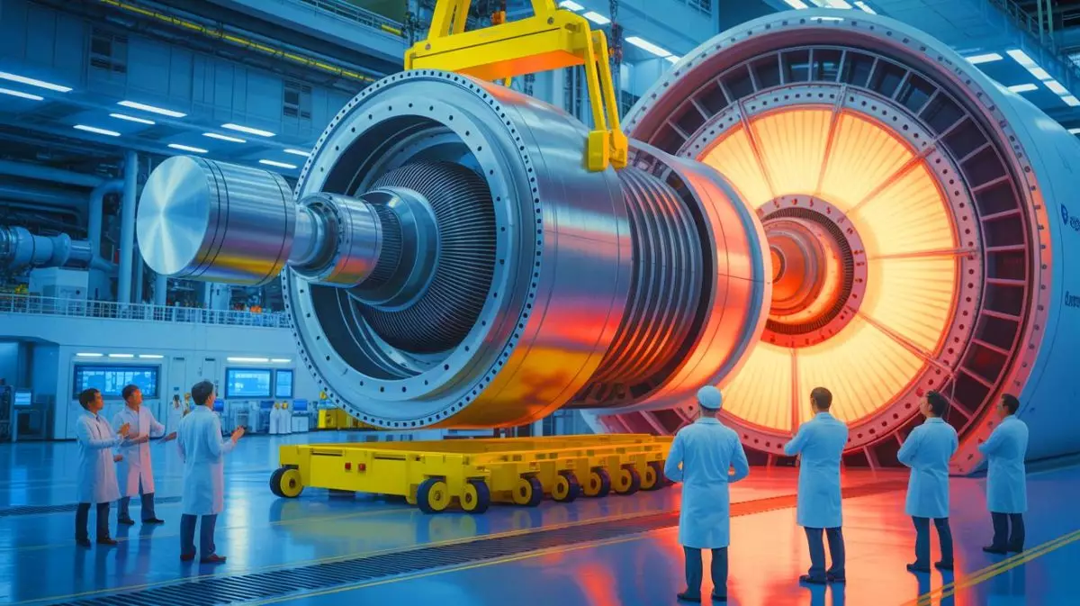 Illustration of China's delivery of a crucial magnetic power component to the ITER nuclear fusion project. Image generated by AI.