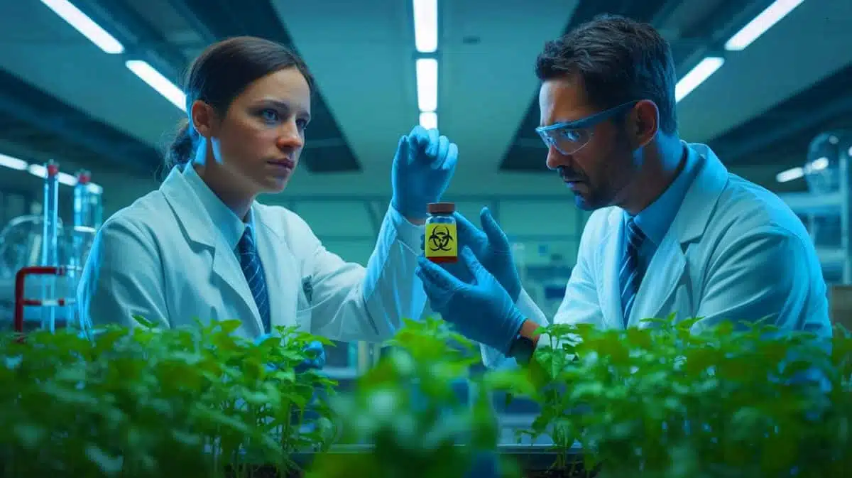 Illustration of researchers attempting to smuggle the dangerous fungus Fusarium graminearum into the United States. Image generated by AI.