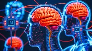 Illustration of AI models developing humanlike cognitive processes. Image generated by AI.