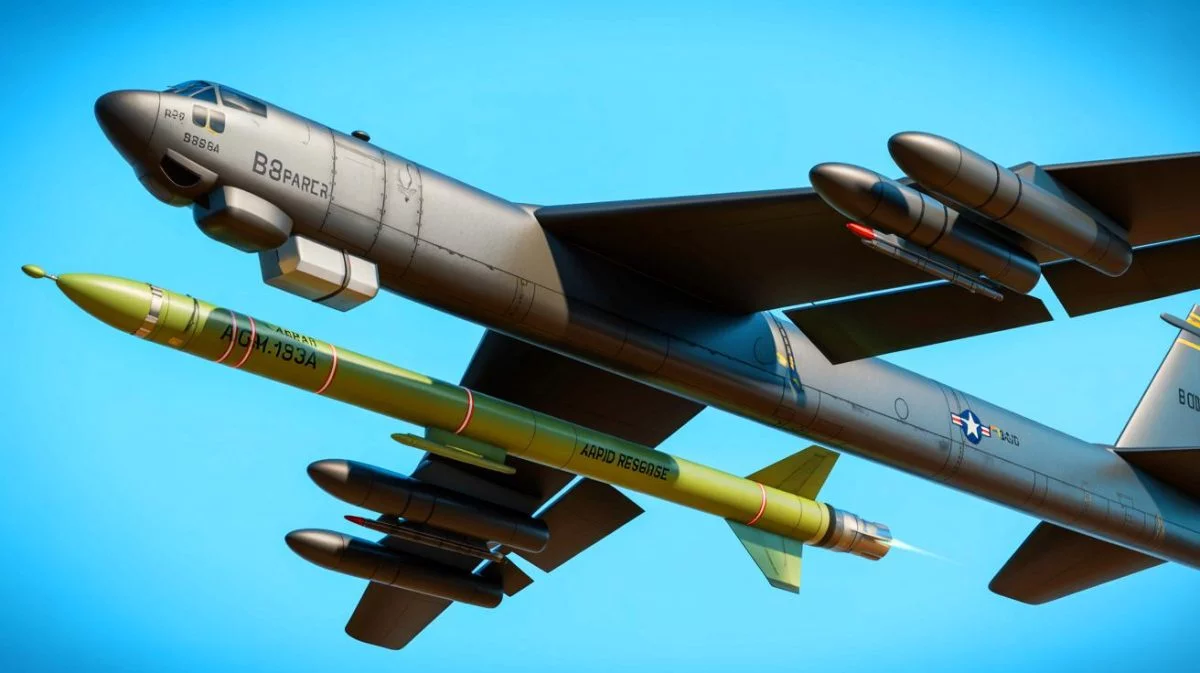 Illustration of the AGM-183A Air-Launched Rapid Response Weapon and a B-52 Stratofortress bomber. Image generated by AI.
