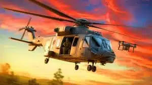 Illustration of the integration of advanced drone technology with the NH-90 helicopter in modern military aviation. Image generated by AI.