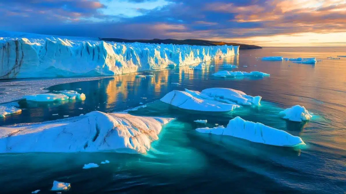 Illustration de glaciers fondant rapidement en raison du changement climatique. Image réalisée par IA.