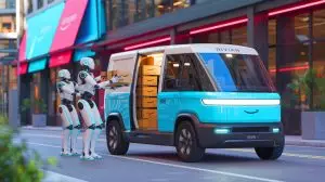 Illustration de robots humanoïdes livrant des colis pour Amazon. Image réalisée par IA.