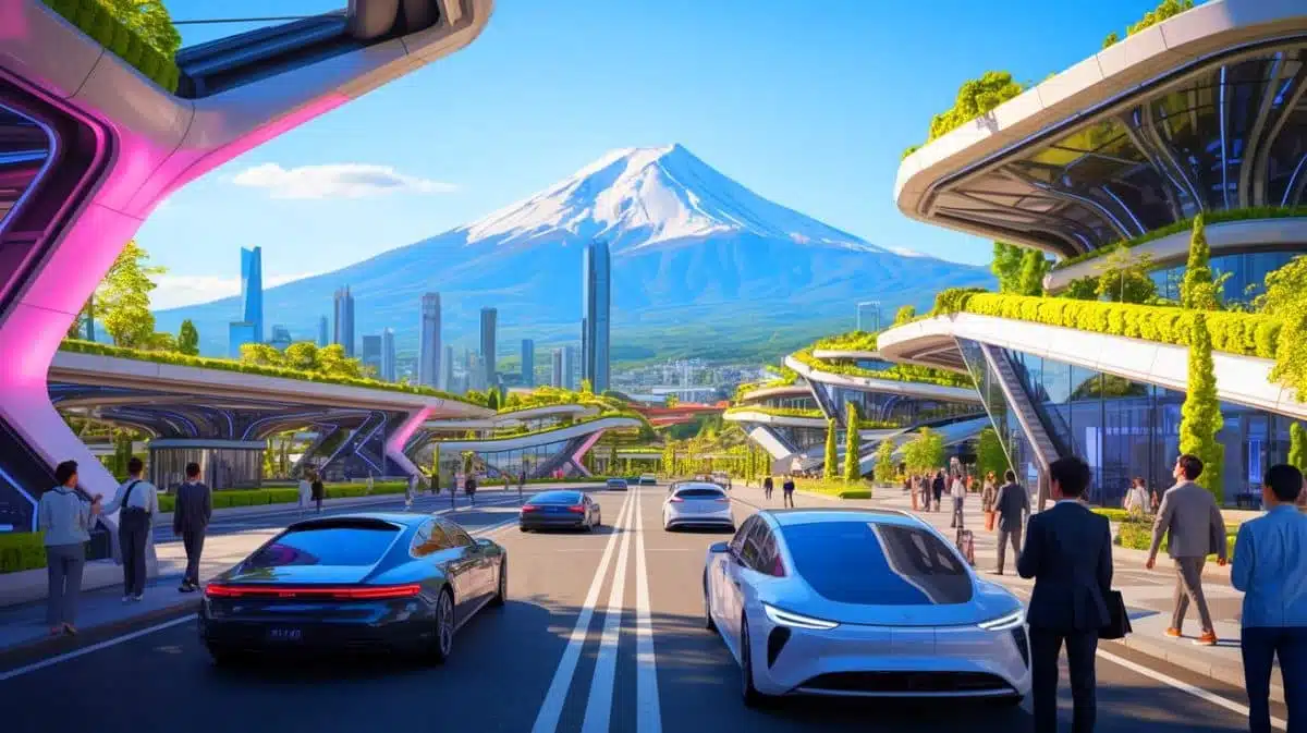 Illustration de la Woven City de Toyota, une ville futuriste au pied du mont Fuji. Image réalisée par IA.