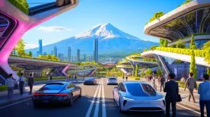 Illustration de la Woven City de Toyota, une ville futuriste au pied du mont Fuji. Image réalisée par IA.