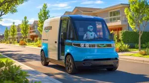 Illustration of Amazon's delivery vans operated by humanoid robots. Image generated by AI.