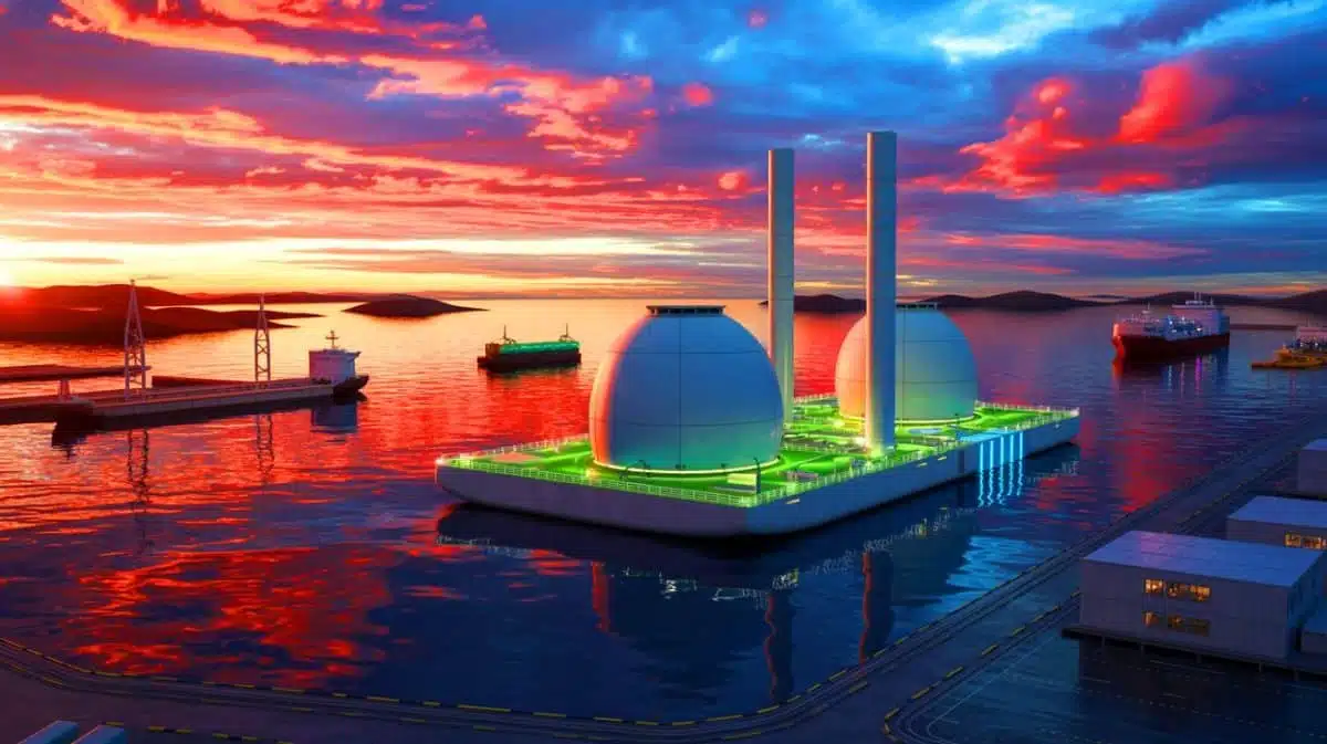 Illustration of a floating nuclear power plant designed to rival Russia's energy advancements. Image generated by AI.