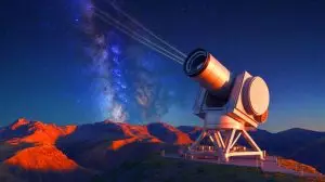 Illustration of ground-based telescopes detecting Big Bang light from the universe's earliest stars. Image generated by AI.