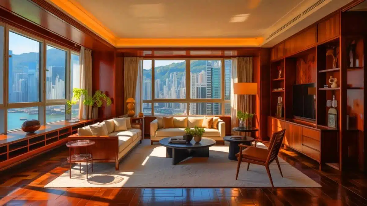 Illustration de l'utilisation du bois dans les intérieurs urbains de Hong Kong pour un luxe discret. Image réalisée par IA.